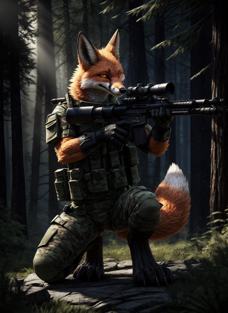 20671-1158082265-for unreal-engine-5,anthro,male,fox swat with guns,glove,rifle,Battlefield commander,Forest,Kneel on one knee,hide,aiming,scope,.png